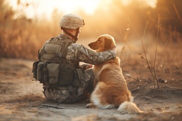 Soldier And Military Dog Bond, Fostering Unbreakable Friendship And Camaraderie - obrazy, fototapety, plakaty