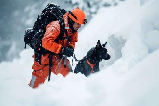 Avalanche Survivor Search: Rescuer In Orange Uniform And Dog Brave Snowy Conditions