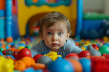 Toddler Wreaks Havoc In Colorful Playroom, Unleashing Their Mischievous Energy - obrazy, fototapety, plakaty