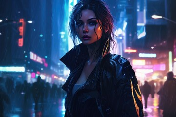 Sensual Woman in Cyberpunk Environment with Rain and Neon Lights