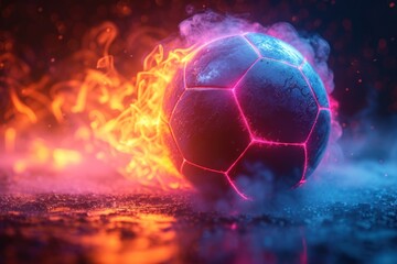 neon soccer ball spin move in net with black studio background