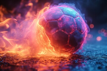 neon soccer ball spin move in net with black studio background - obrazy, fototapety, plakaty