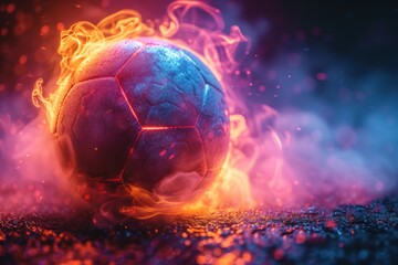 neon soccer ball spin move in net with black studio background - obrazy, fototapety, plakaty