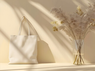  mockup of cotoon tote bag in white, with flower, with daylight,