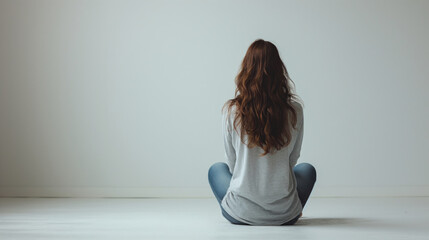 Rear view of beautiful woman sitting over white background.