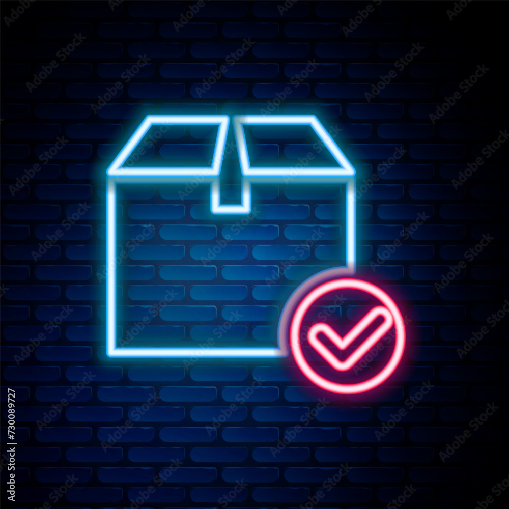 Sticker glowing neon line package box with check mark icon isolated on brick wall background. parcel box wit