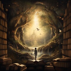 Obraz premium A boy in a magical book library, creative design