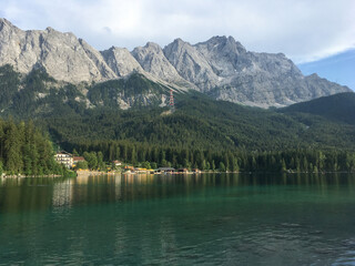 View of Eibsee Lake and Zugspitze, near Grainau and Garmisch-Partenkirchen, in the Bavarian Alps,...