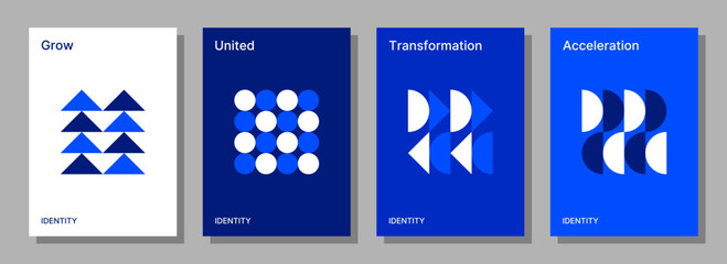 Set of vector brand identity designs for flyers, posters, brochures, and others. Modern monochrome blue shapes.