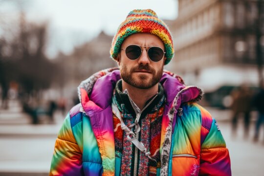 Stylish young man in a colorful knitted hat and jacket on the street.