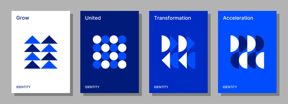 Set of vector brand identity designs for flyers, posters, brochures, and others. Modern monochrome blue shapes.