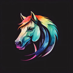 Brightly watercolour painted horse head logo Isolated on black background illustration
