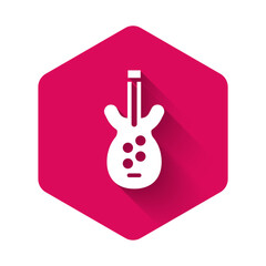 White Electric bass guitar icon isolated with long shadow. Pink hexagon button. Vector