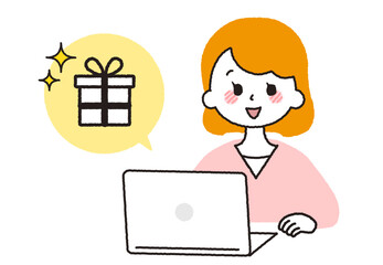パソコンでオンラインショッピングをする女性。