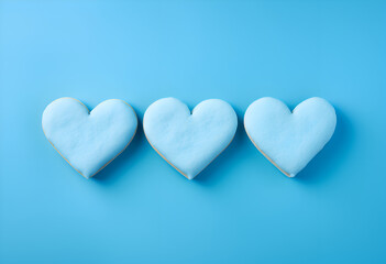 Decorated blue heart shaped cookies on blue background