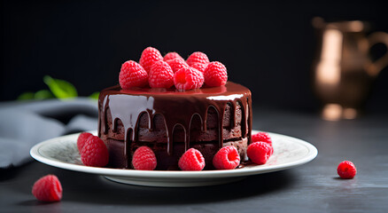 Chocolate cake with raspberries front view