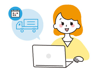 パソコンでオンラインショッピングをする女性。配送方法と日時指定をするシーン。