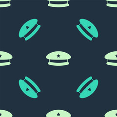 Green and beige Military beret icon isolated seamless pattern on blue background. Soldiers cap. Army hat. War baret. Vector