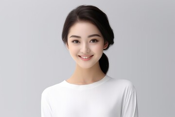 Aspiring Intern, Asian teenage woman, clad in a white shirt, stands before a white background, her infectious smile reflecting her enthusiasm for learning and growth. Generative AI.