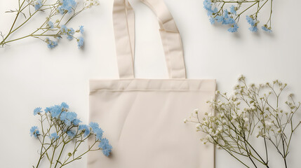 Obraz na płótnie Canvas mockup of cotoon tote bag in white, with flower, with daylight,