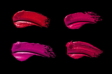 Red pink burgundy lipstick satin finish black background texture smudged set
