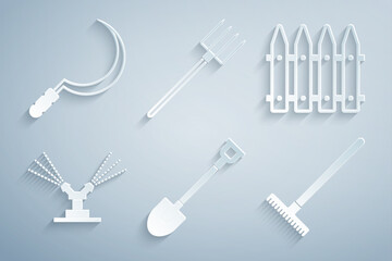 Set Garden shovel, fence, Automatic irrigation sprinklers, rake, pitchfork and Sickle icon. Vector