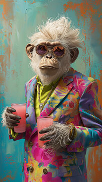 An anthropomorphic hyperrealistic monkey in a colorful suit and sunglasses holding two drinks cool fashion style. Fantasy character concept