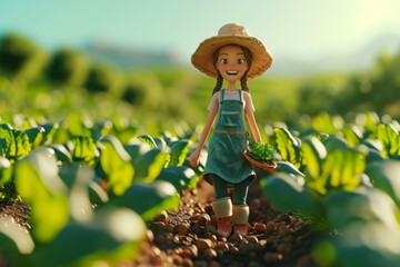 Smiling animated farmer character standing in a lush field with a basket, representing agriculture and healthy living.