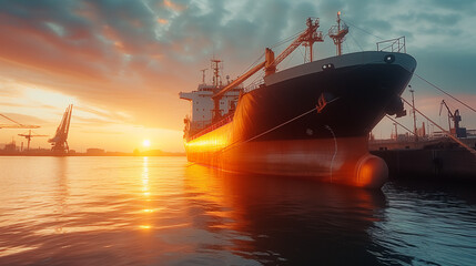 Large dry cargo ship on unloading in the port in calm weather on sunset - obrazy, fototapety, plakaty