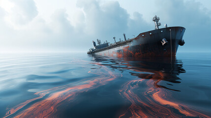 sinking oil tanker at sea, around a slick of oil spilling out of it.