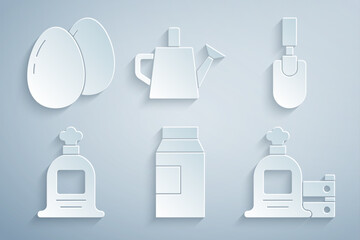 Set Paper package for milk, Garden trowel spade shovel, Full sack, and wooden box, Watering can and Chicken egg icon. Vector
