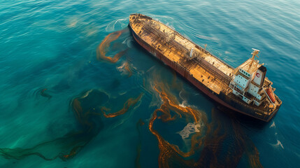 An old cargo ship leaking oil pollutes the environment - obrazy, fototapety, plakaty