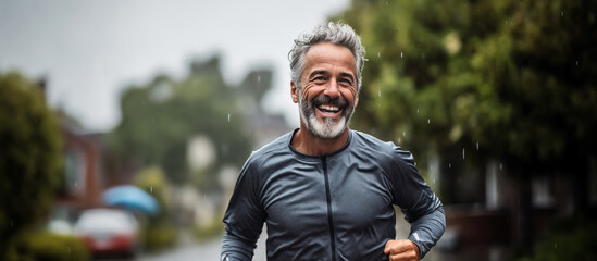 Portrait of happy senior man with grey hair and beard in sportswear smiling at camera while jogging in the city. Generative AI