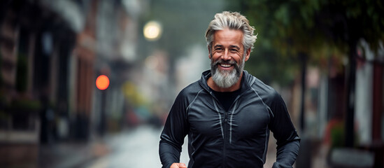 Portrait of happy senior man with grey hair and beard in sportswear smiling at camera while jogging in the city. Generative AI