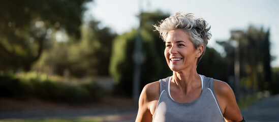 Portrait of happy senior woman jogging in park on a sunny day. Generative AI