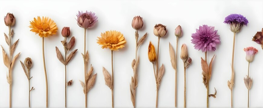 various beautiful dry flowers arranged in a row on a white background