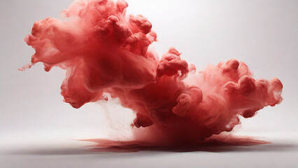 A transparent special effect resembling red fog or smoke floats against a white backdrop, evoking an abstract red dust explosion.