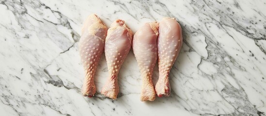 Chicken legs on marble surface.