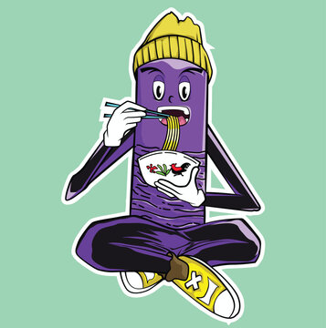 make a cute cartoon of a doll eating Japanese ramen noodles