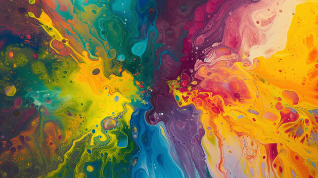 Liquid kaleidoscope of emotion, a burst of vibrant hues interplaying with the tranquil simplicity of the canvas.