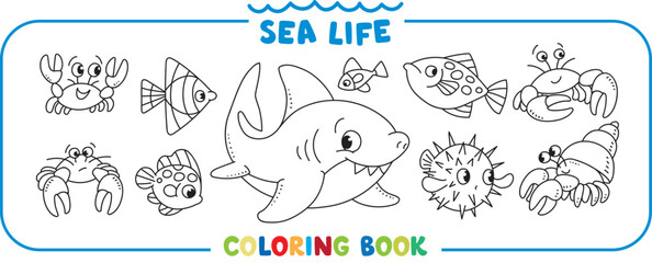 Fototapeta premium Sea theme. Big coloring book set. Kids vector