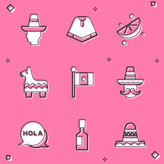 Set Mexican man sombrero, Poncho, Sliced lime, Pinata, Mexico flag, Hola and Tabasco sauce icon. Vector © vector_v