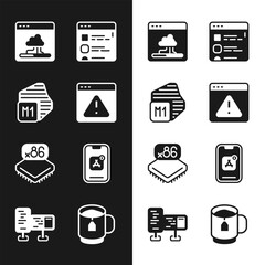 Set Browser with exclamation mark, Processor, Cloud technology data transfer, files, microcircuits CPU, Mobile Apps, Cup of tea tea bag and Computer monitor screen icon. Vector
