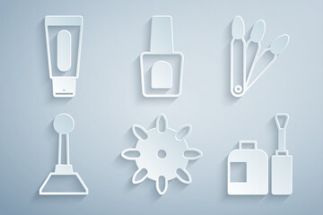 Set False nails, Milling cutter for manicure, Bottle of polish, and Tube hand cream icon. Vector