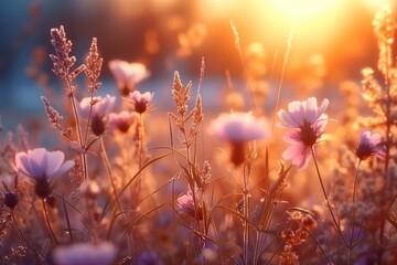 meadow flowers in early sunny fresh morning. Vintage autumn landscape background. colorful beautiful fall flowers magical. generative ai.