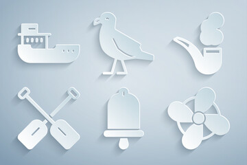 Set Ship bell, Smoking pipe, Paddle, Boat propeller, Bird seagull and Cargo ship icon. Vector