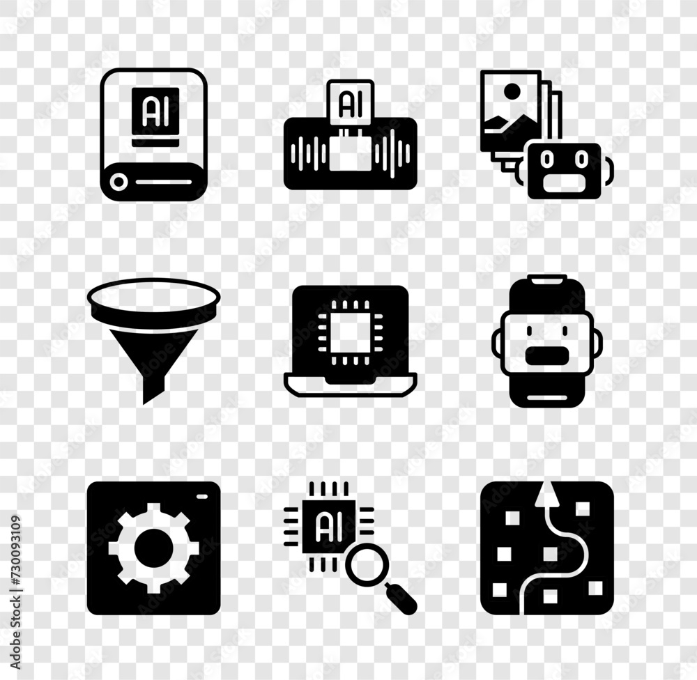 Poster Set Artificial intelligence AI, robot, Computer api interface, Processor CPU, Neural network, Funnel filter and icon. Vector