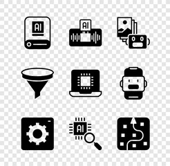 Set Artificial intelligence AI, robot, Computer api interface, Processor CPU, Neural network, Funnel filter and icon. Vector