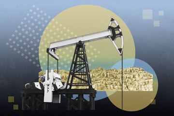 Funky collage with industrial oil rig. Art poster, template concept design or zine cover. Pump Jack.