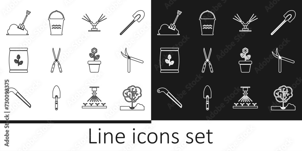 Poster Set line Planting tree in the ground, Gardening handmade scissor, Automatic irrigation sprinklers, Fertilizer bag, Shovel, Flower pot and Bucket icon. Vector